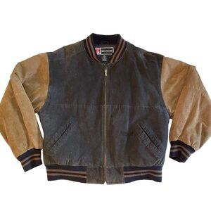 Vtg 90s FREE COUNTRY Suede Leather Varsity Bomber Jacket Men’s XL Gray Tan Zip